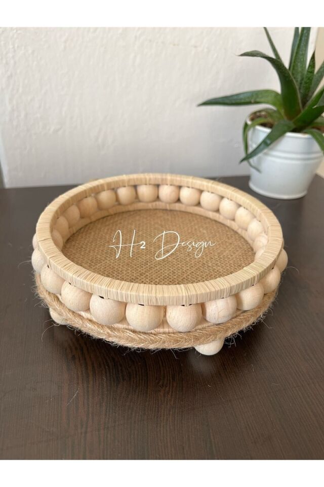 Doğal Rafya Ahşap Boncuklu Mumluk 16 Cm