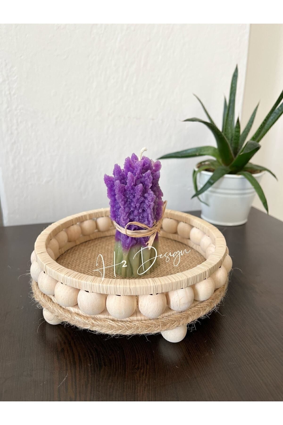 Doğal Rafya Ahşap Boncuklu Mumluk 16 Cm