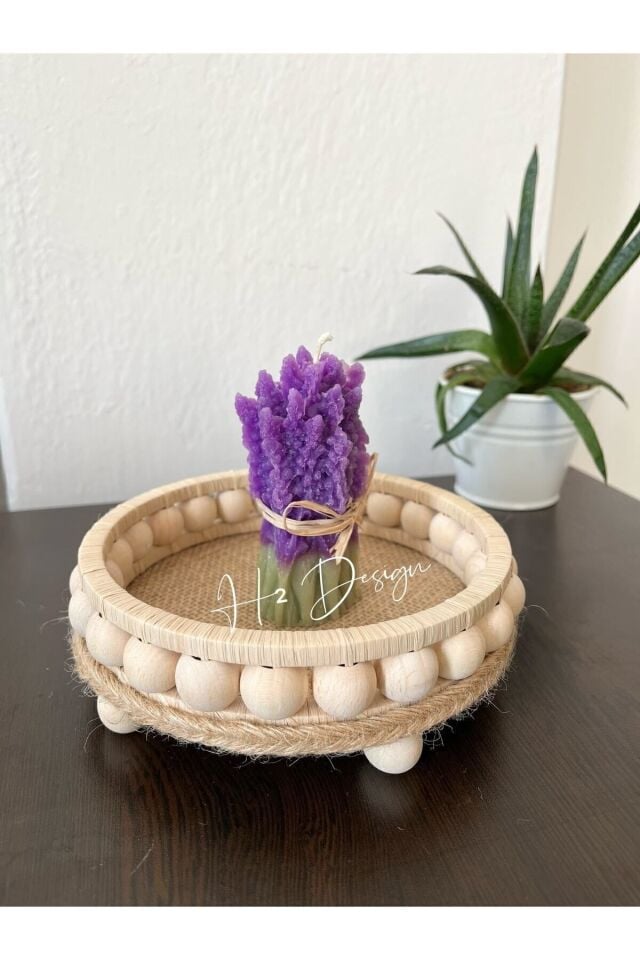 Doğal Rafya Ahşap Boncuklu Mumluk 16 Cm