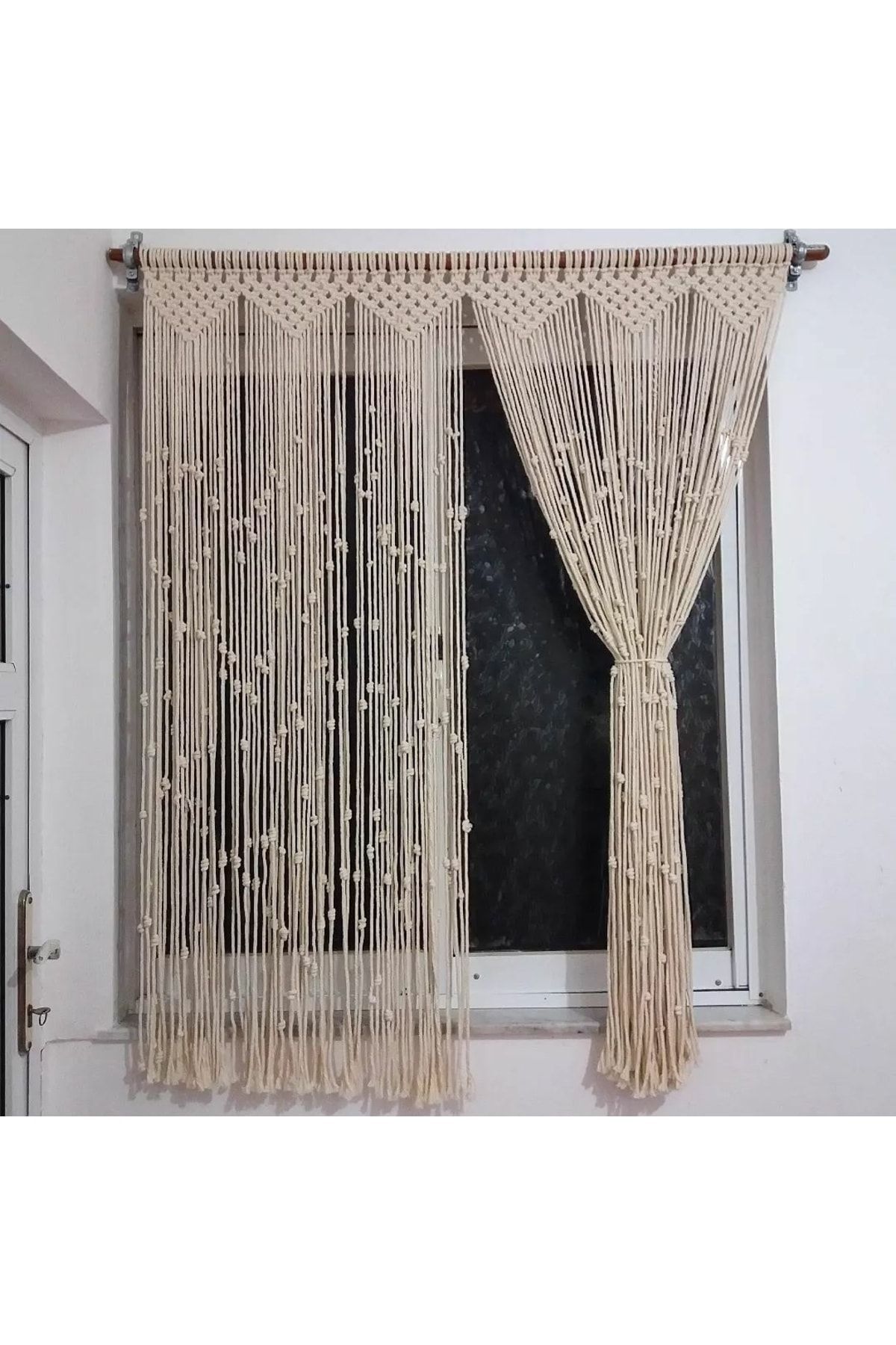 Ekru Makrome Ip Bohem Perde 100*120 Cm