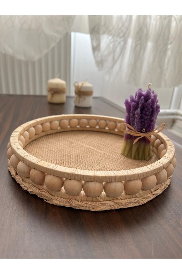 Ahşap Boncuklu Doğal Rafya Hasır Dekoratif Sunum Tepsisi Mumluk Set 20 Ve 14 Cm