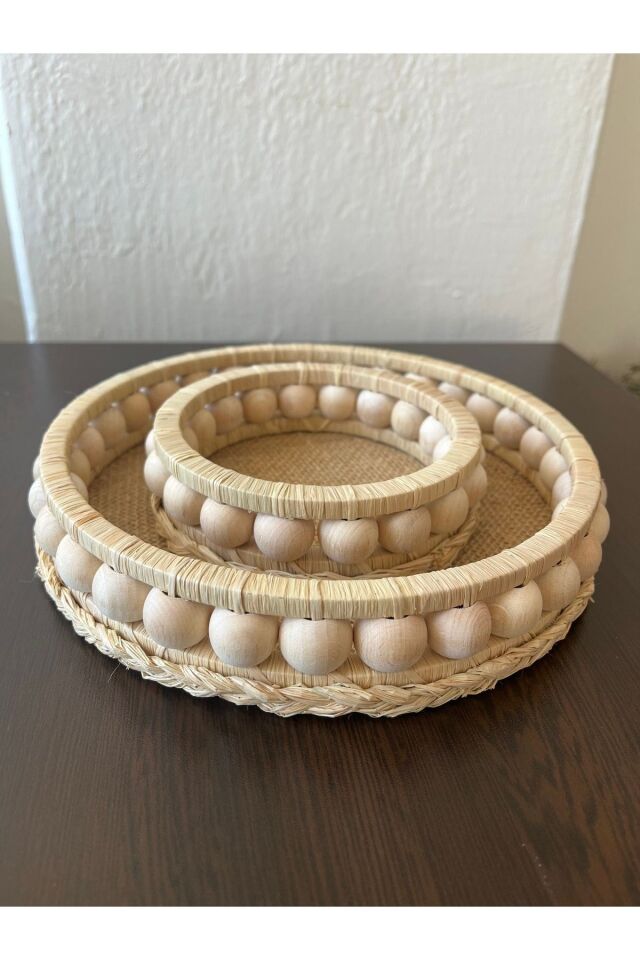 Ahşap Boncuklu Doğal Rafya Hasır Dekoratif Sunum Tepsisi Mumluk Set 20 Ve 14 Cm