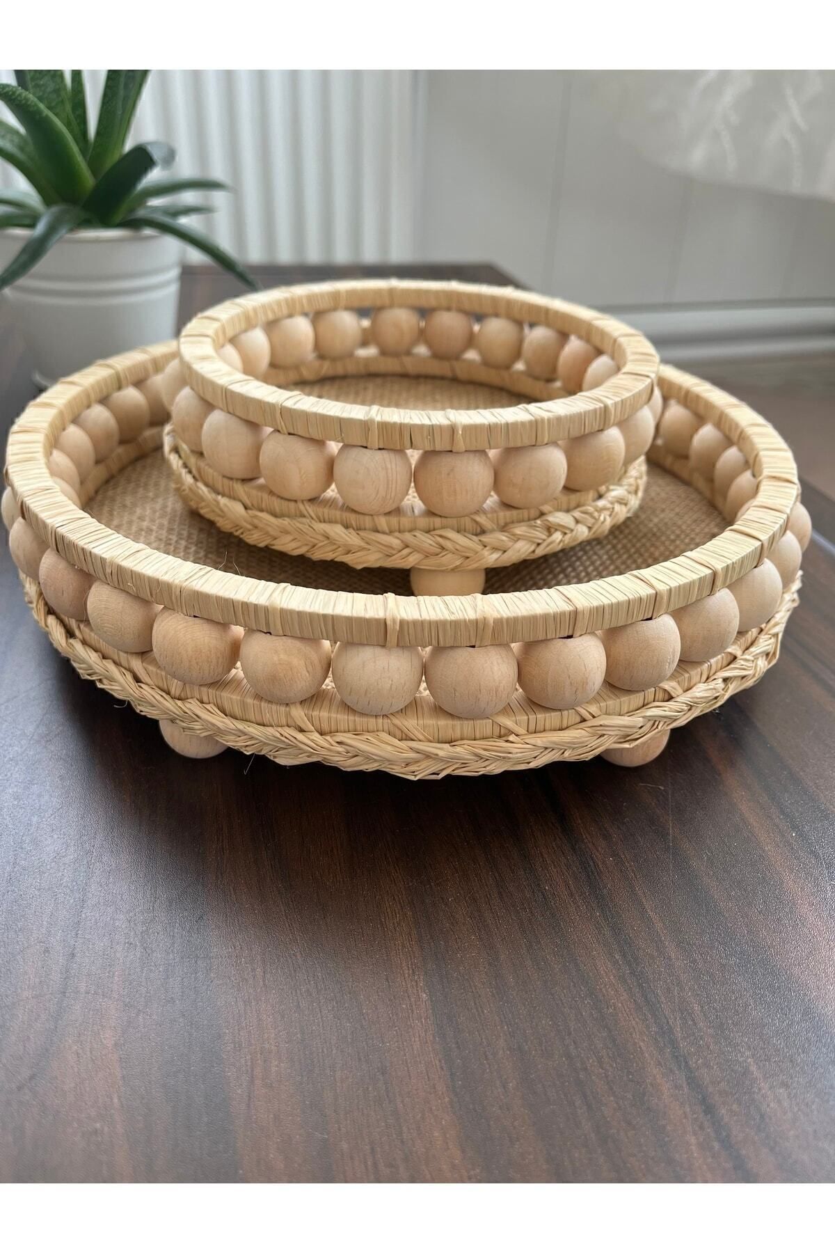 Ahşap Boncuklu Doğal Rafya Hasır Dekoratif Tepsi Ve Mumluk Set 22 Cm Ve 12 Cm