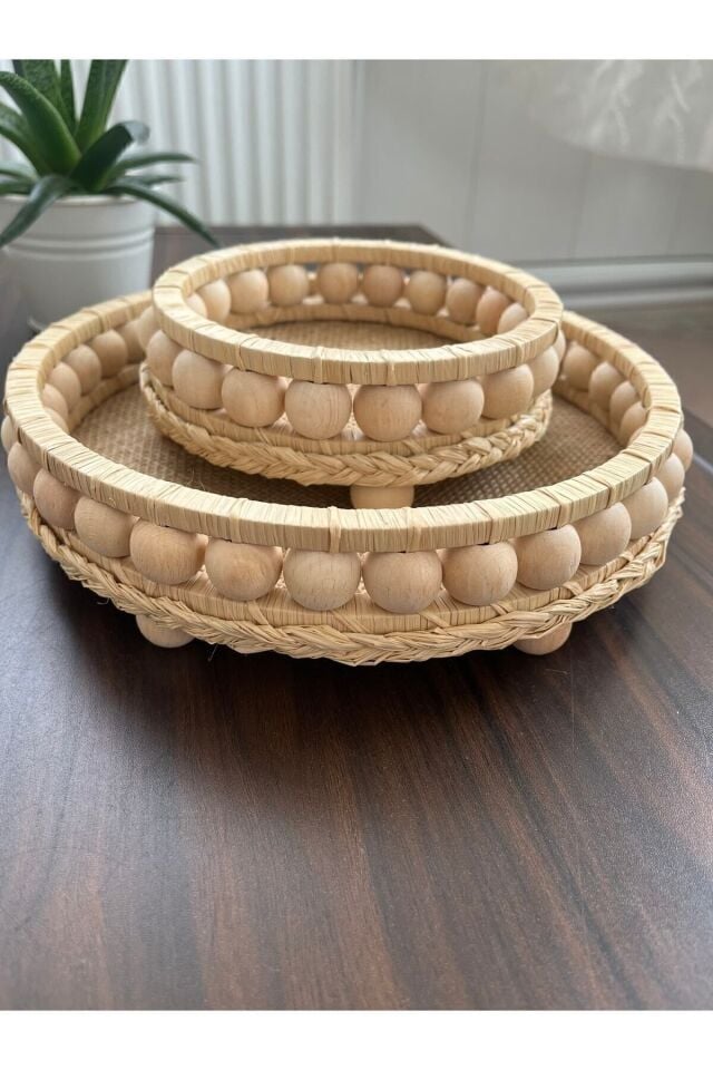 Ahşap Boncuklu Doğal Rafya Hasır Dekoratif Tepsi Ve Mumluk Set 22 Cm Ve 12 Cm