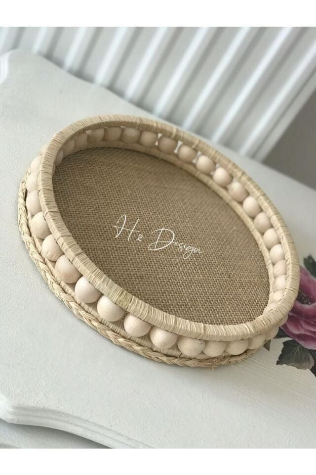 El Yapımı Ahşap Boncuklu Doğal Rafya Hasır Dekoratif Tepsi 22 Cm