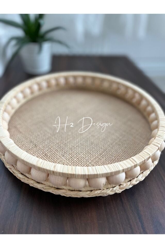 El Yapımı Ahşap Boncuklu Doğal Rafya Hasır Dekoratif Tepsi 24 Cm