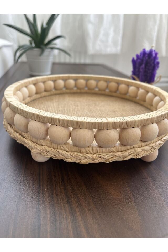 El Yapımı Ahşap Boncuklu Doğal Rafya Tepsi 24 Cm
