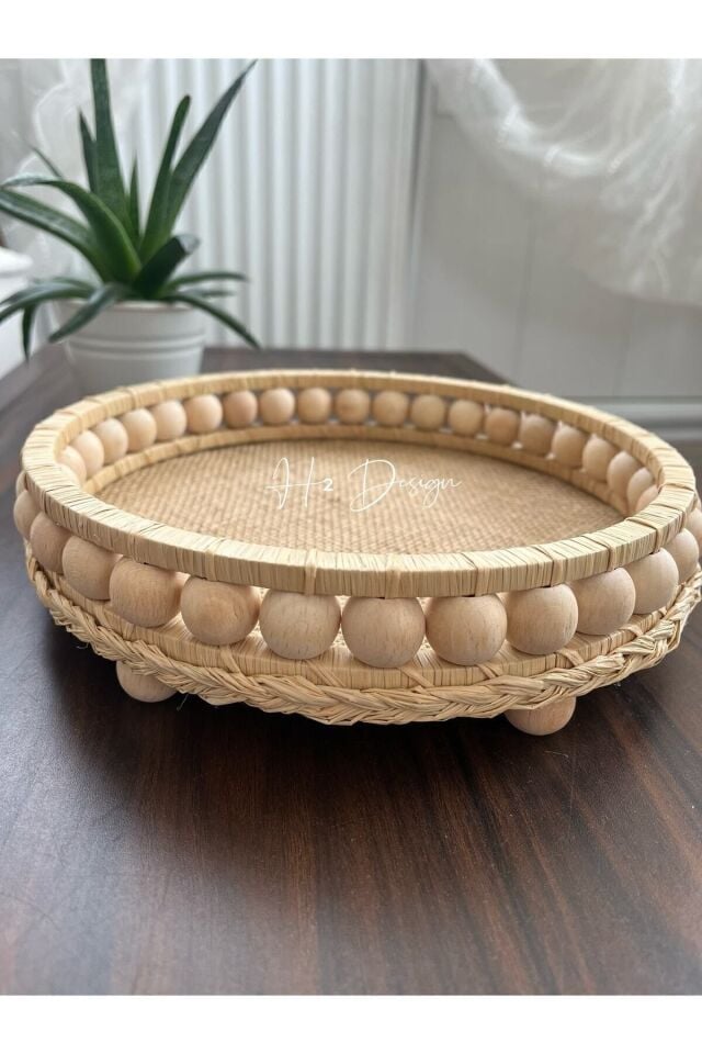 El Yapımı Ahşap Boncuklu Doğal Rafya Tepsi 24 Cm
