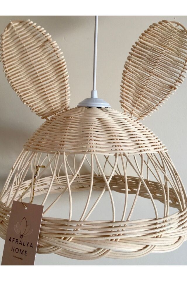 Rattan Avize Bambu Dekoratif Tavşan Kulaklı Avize 35 Cm (BEYAZ DUY)