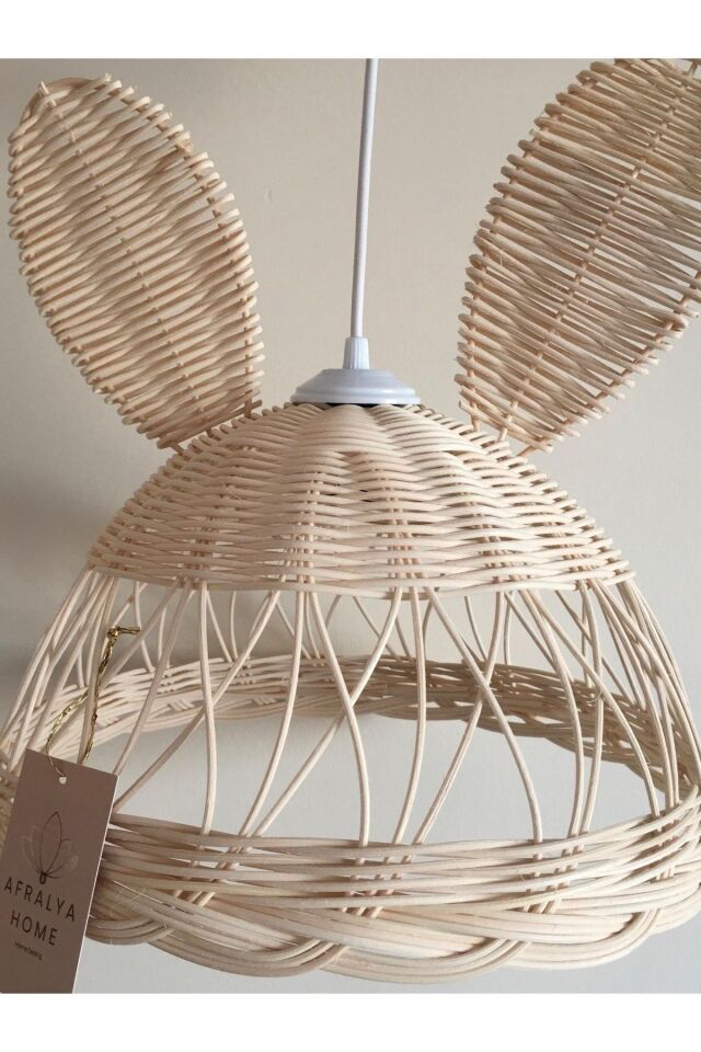 Rattan Avize Bambu Dekoratif Tavşan Kulaklı Avize 35 Cm (BEYAZ DUY)