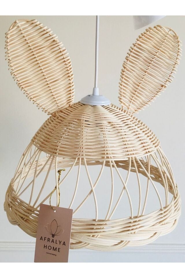 Rattan Avize Bambu Dekoratif Tavşan Kulaklı Avize 35 Cm (BEYAZ DUY)