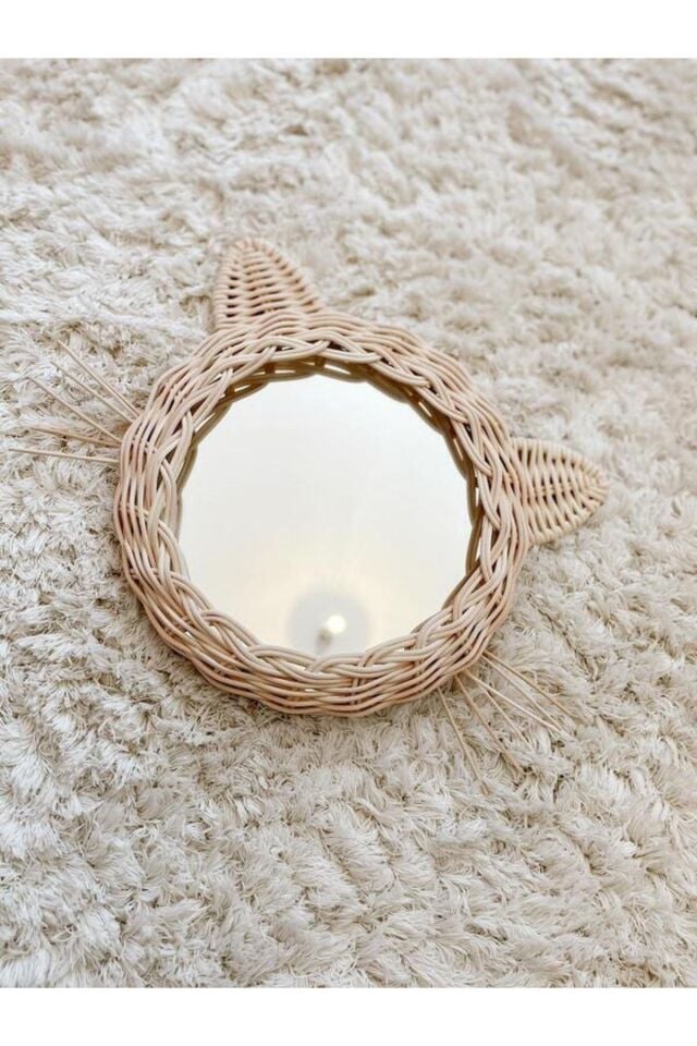 Rattan Bambu Hasır Bıyıklı Kedi Ayna- 20 Cm