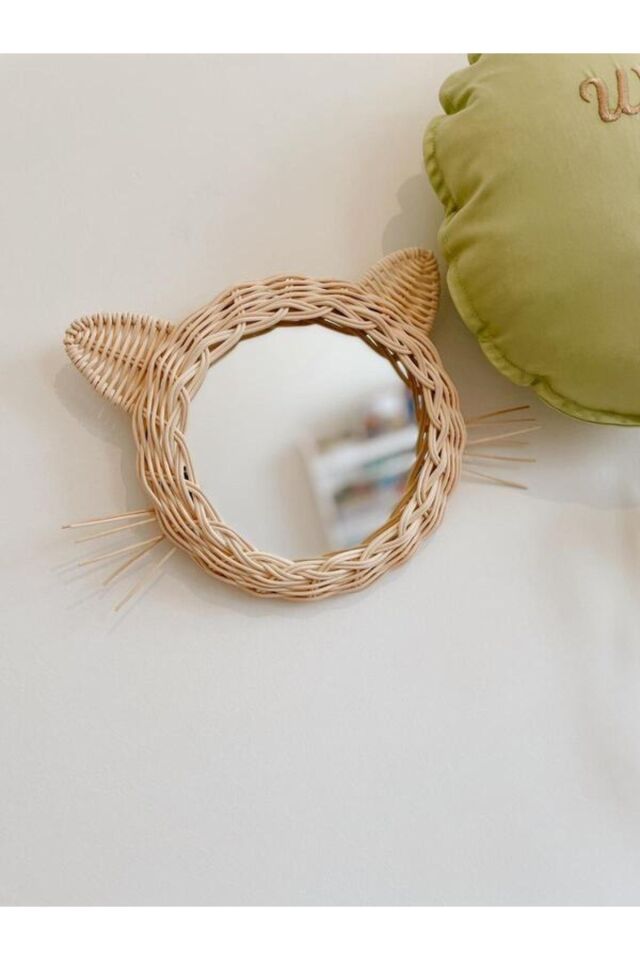 Rattan Bambu Hasır Bıyıklı Kedi Ayna- 20 Cm