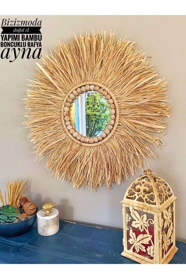 Rafya Ayna Bambu Ayna Boncuklu El Yapimi Doğal Ayna
