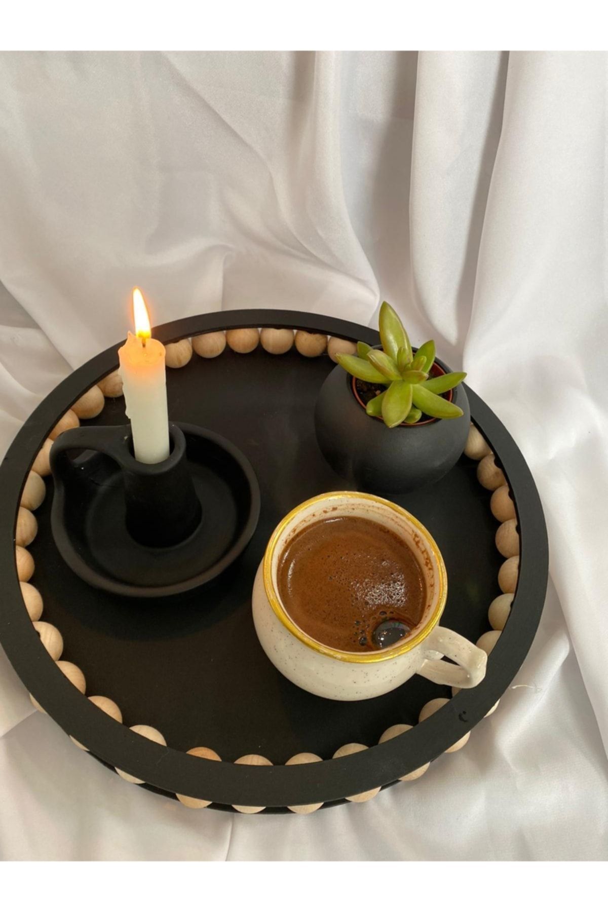 Boncuklu Ahşap Sunum Tepsi, Dekoratif Tepsi