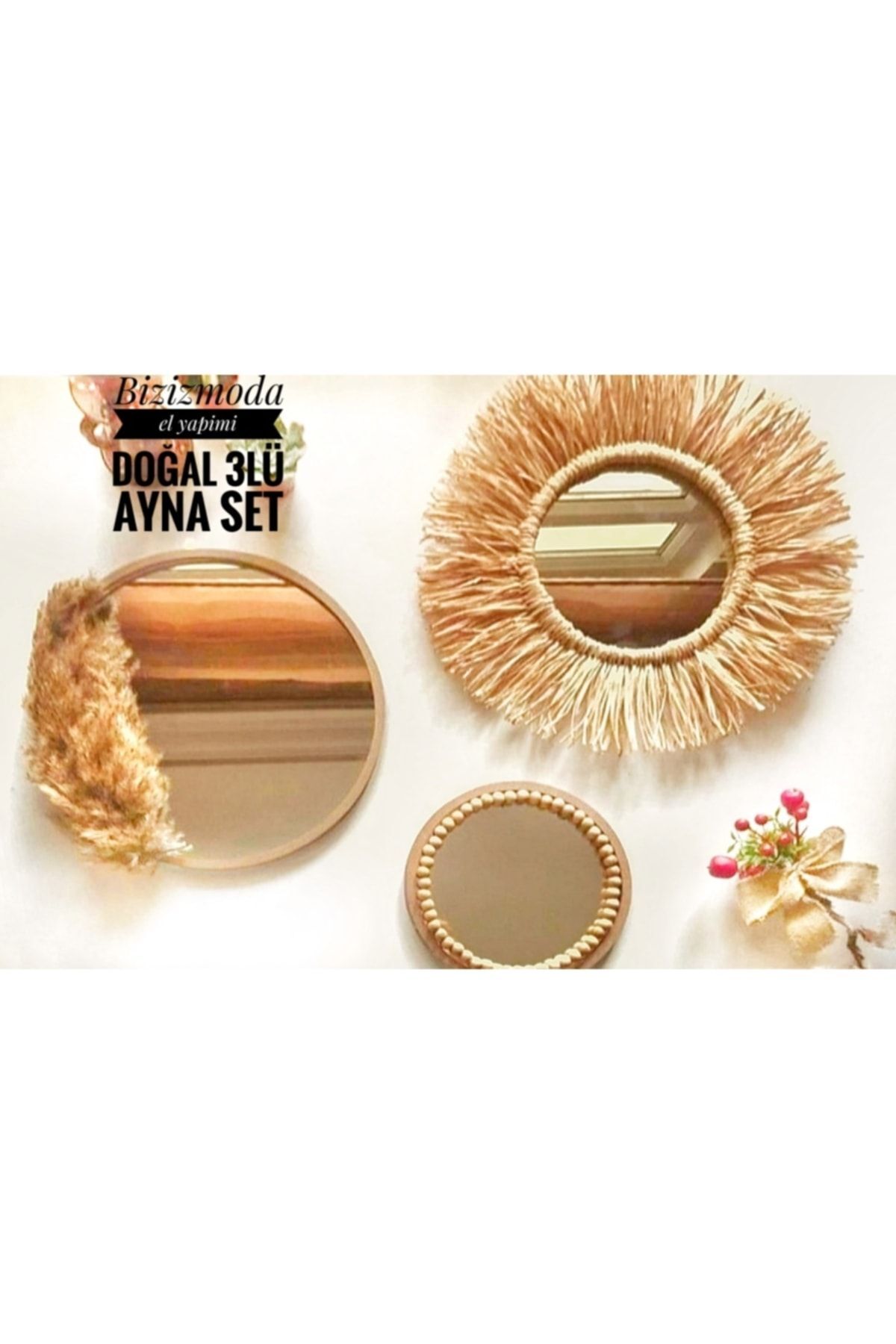 Ahşap Doğal Ayna Set Pampas Rafya 3lü Ayna