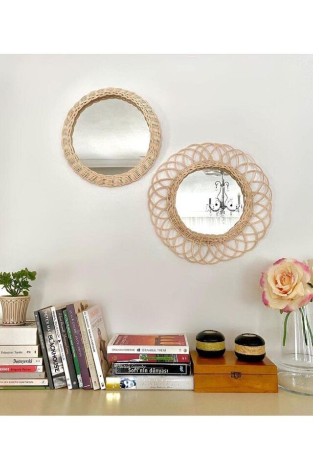 2'li Rattan Bambu Hasır Ayna Duvar Dekoru Set