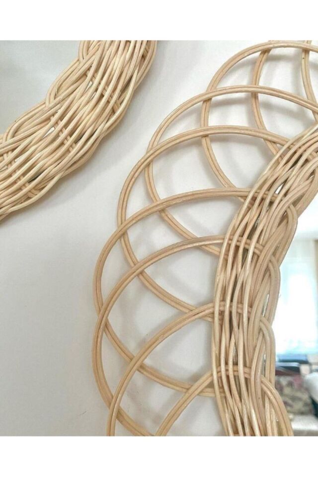 2'li Rattan Bambu Hasır Ayna Duvar Dekoru Set