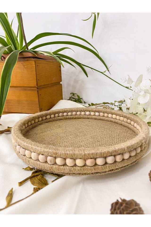 Ahşap Küçük Boncuklu 25 Cm Hasır Doğal Rafya/jüt Tepsi, Dekoratif Tepsi, Banyo, Ev, Dekor Tepsi