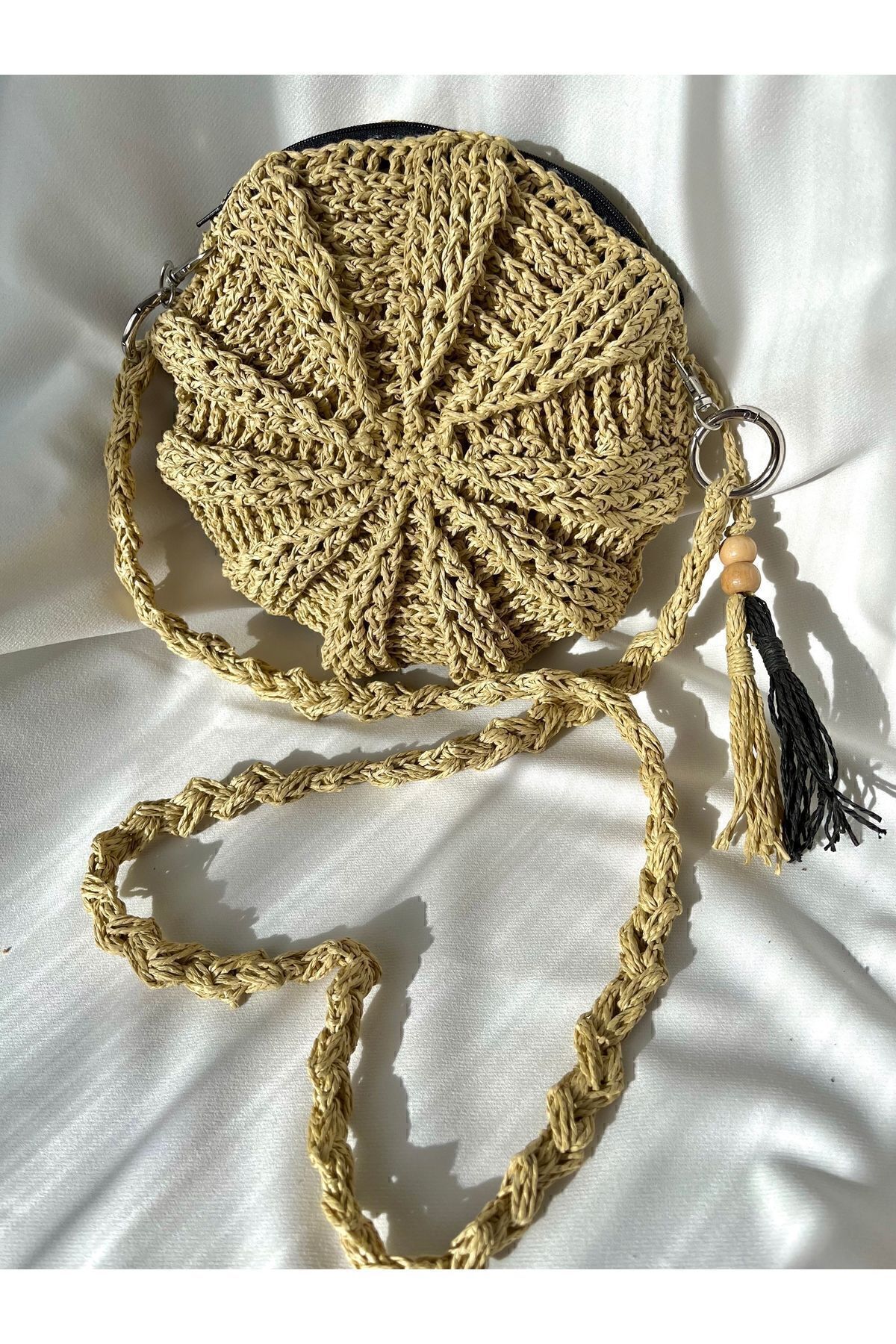Makaron Çanta / Hasır Çanta / Bohem Çanta / El Örgüsü Hasır Çanta / Kağıt İp Çanta Bej - Standart